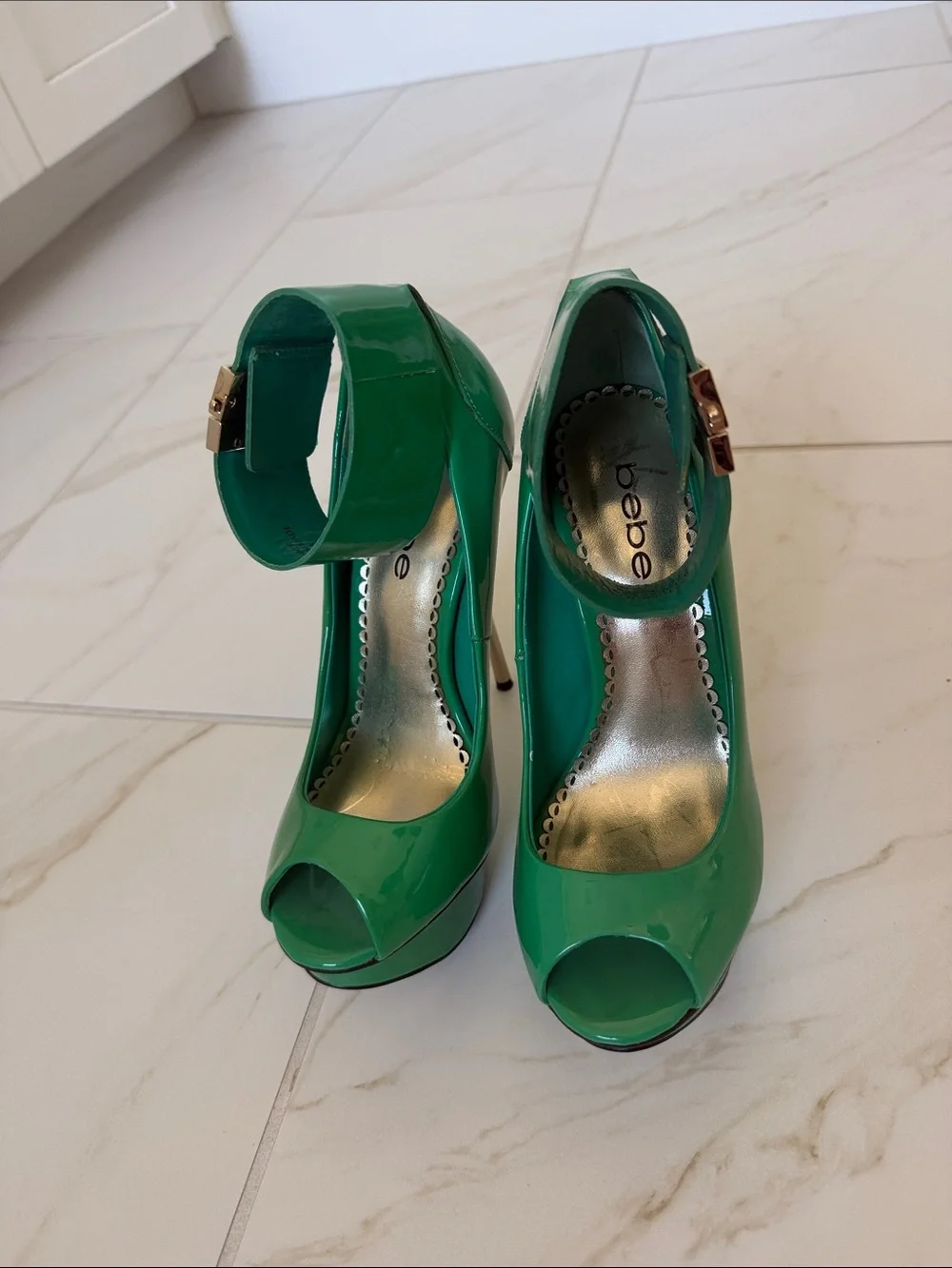 bebe Patent Peep-Toe Platform Pumps Ankle Cuff